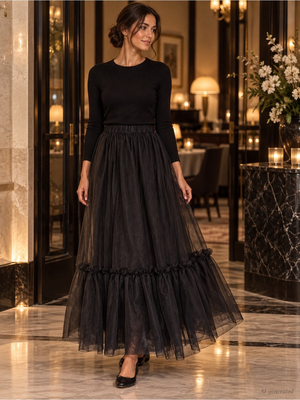 MABLE Black Sheer Tiered Organza Tulle Maxi Skirt Romantic Gothic S